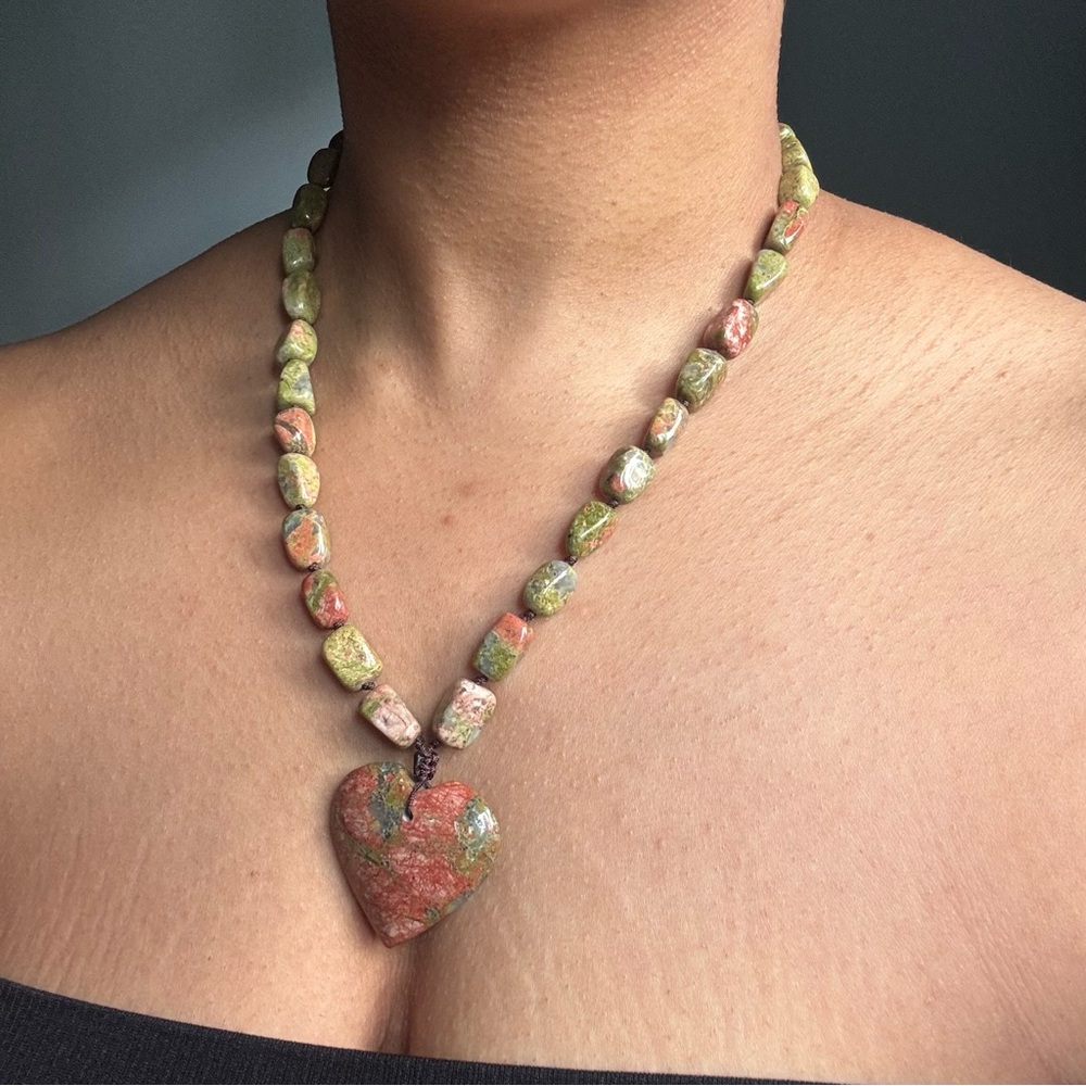 Gemstone Unakite Necklace with Heart Pendant - Picture 3 of 5
